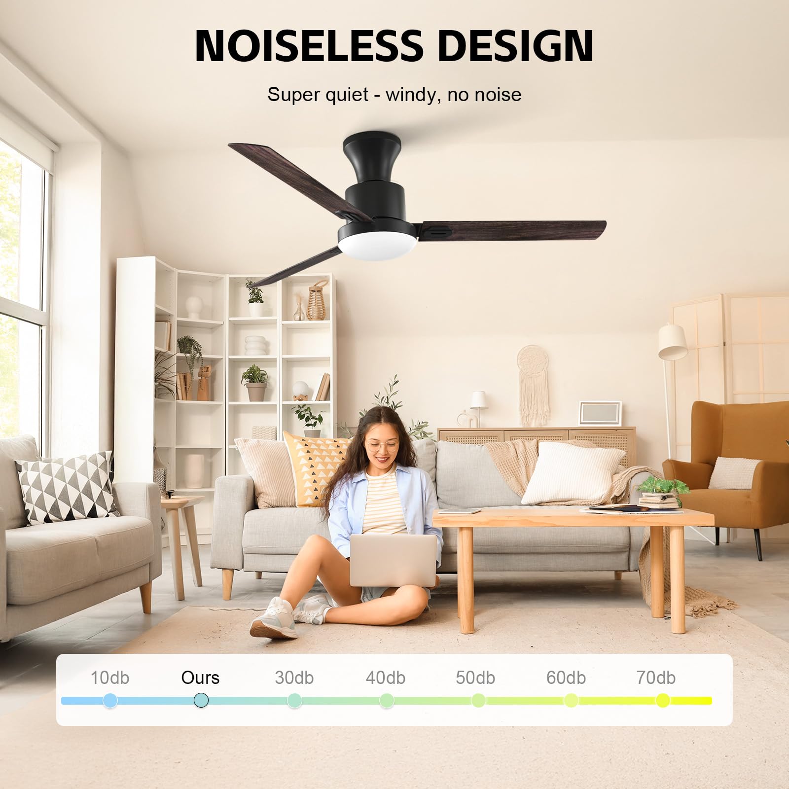 Obabala Ceiling Fans with Lights,Flush Mount Ceiling Fan with Light and Remote Control & APP Reversible Quiet Motor Dimmable Noiseless Ceiling Fan for Bedroom Indoor/Outdoor, 42in/Gray Maple Walnut