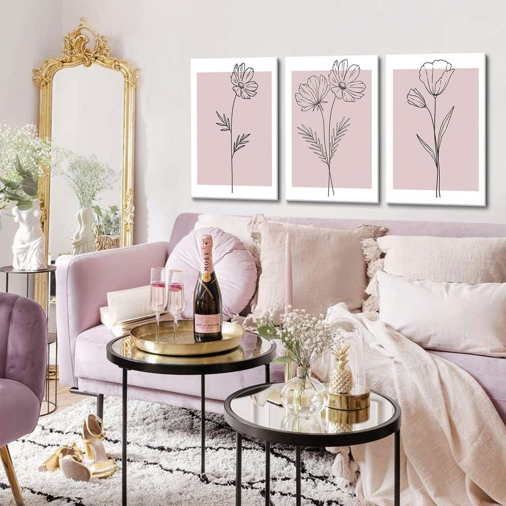 Pink Flower Market Wall Art Set of 3 - Aesthetic Canvas Prints for Bedroom & Living Room | Framed 12x16 Inch