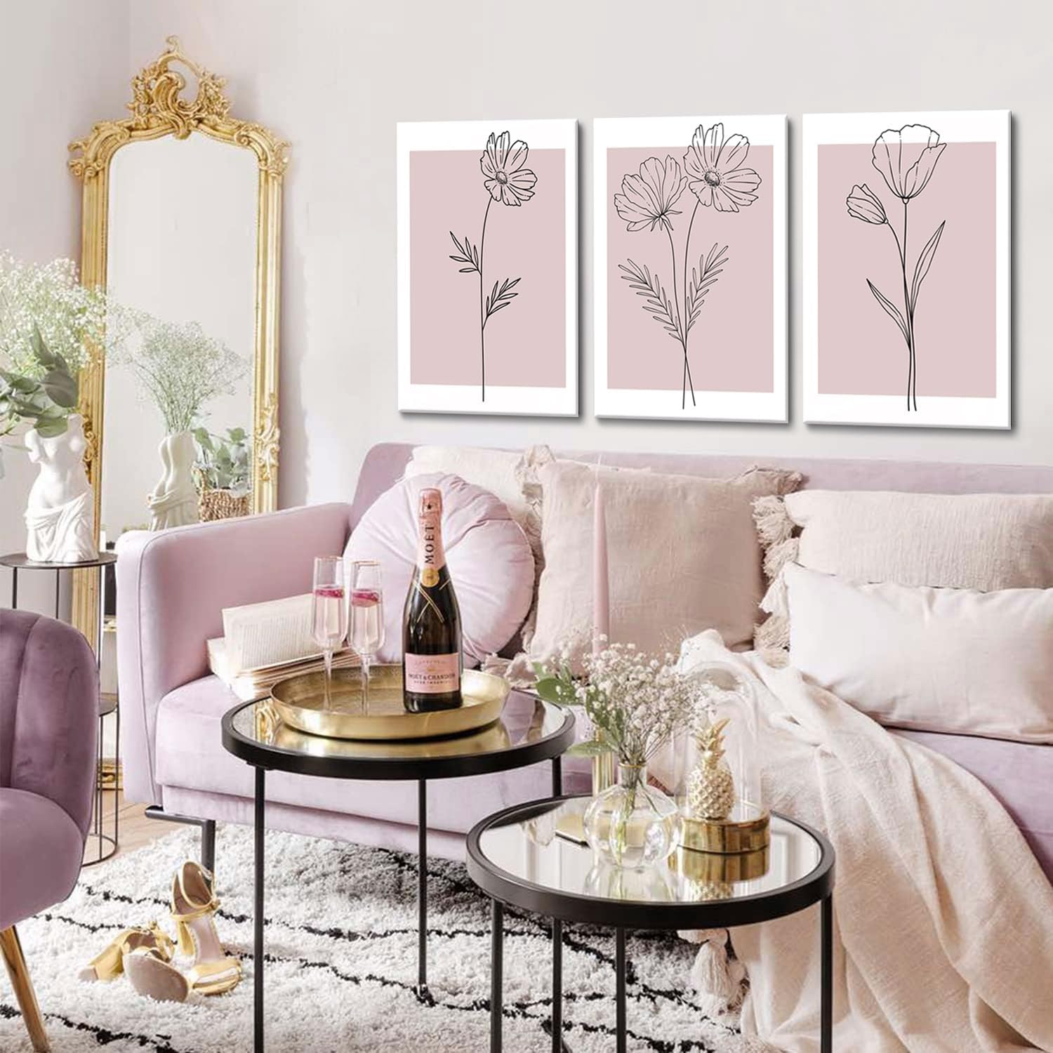 Pink Flower Market Wall Art Set of 3 - Aesthetic Canvas Prints for Bedroom & Living Room | Framed 12x16 Inch
