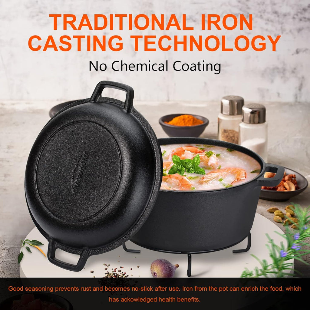 Overmont 5QT Pre-Seasoned Cast Iron Dutch Oven - Versatile All-in-One Casserole & Skillet with Cookbook