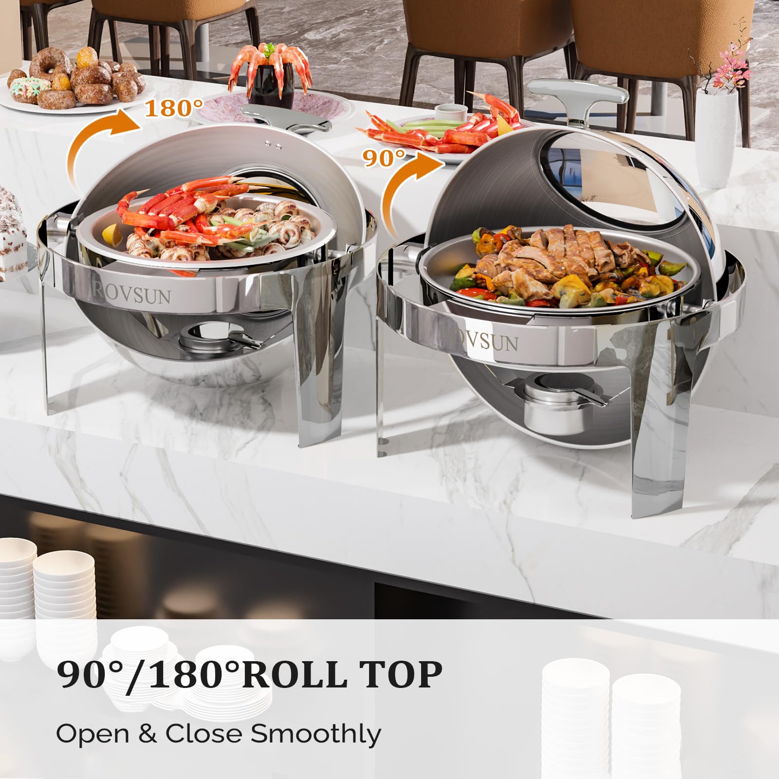 ROVSUN Roll Top Chafing Dish Buffet Set,6 QT Round Stainless Steel Chafer for Catering,Buffet Servers and Warmers Set with Glass Window for Weddings Party