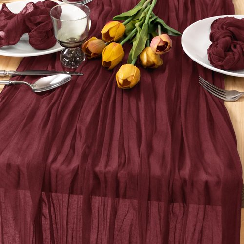 MLMC Burgundy Red Table Runner 10ft Wine Red Cheesecloth Table Runner Sheer Gauze Cheese Cloth Centerpiece 35x120 Inches for Wedding Bridal Shower Anniversary Events Decor