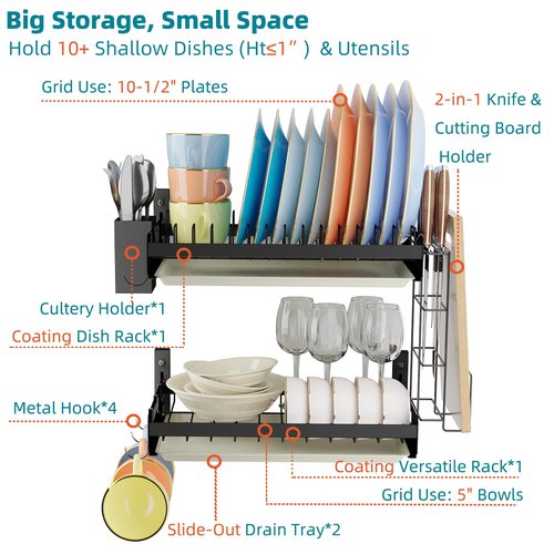 Besamery Hanging Wall Mounted Dish Drying Rack Set with Detachable & Removable Layer*2, Hook*4, Drain Tray*2, Apartment & RV Wall Mounted Dish Rack, Adhesive Mountable, Length: 15.9", Washable (Black)
