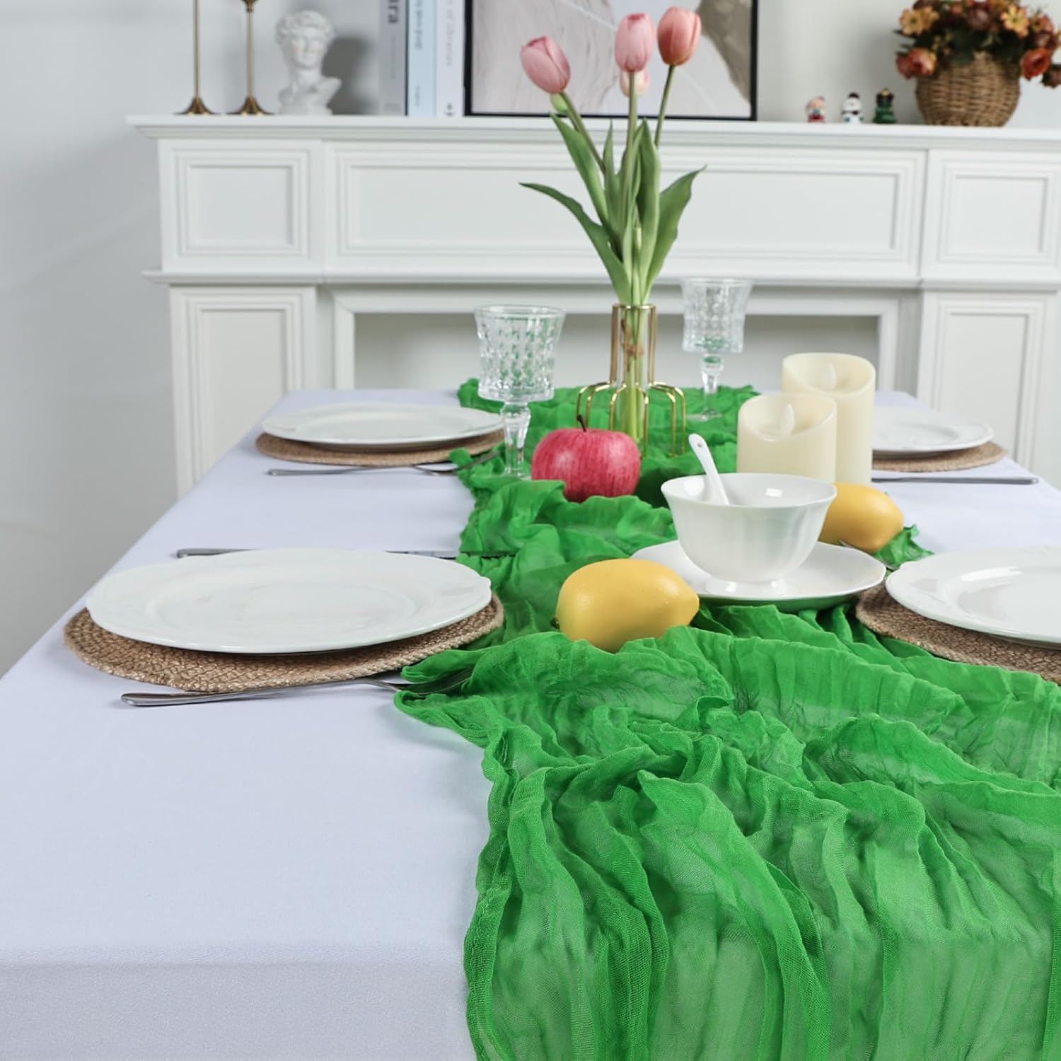 Skiennix Green Cheesecloth Table Runner - 10ft Rustic Sheer for Easter & Spring Celebrations | 120 Inch