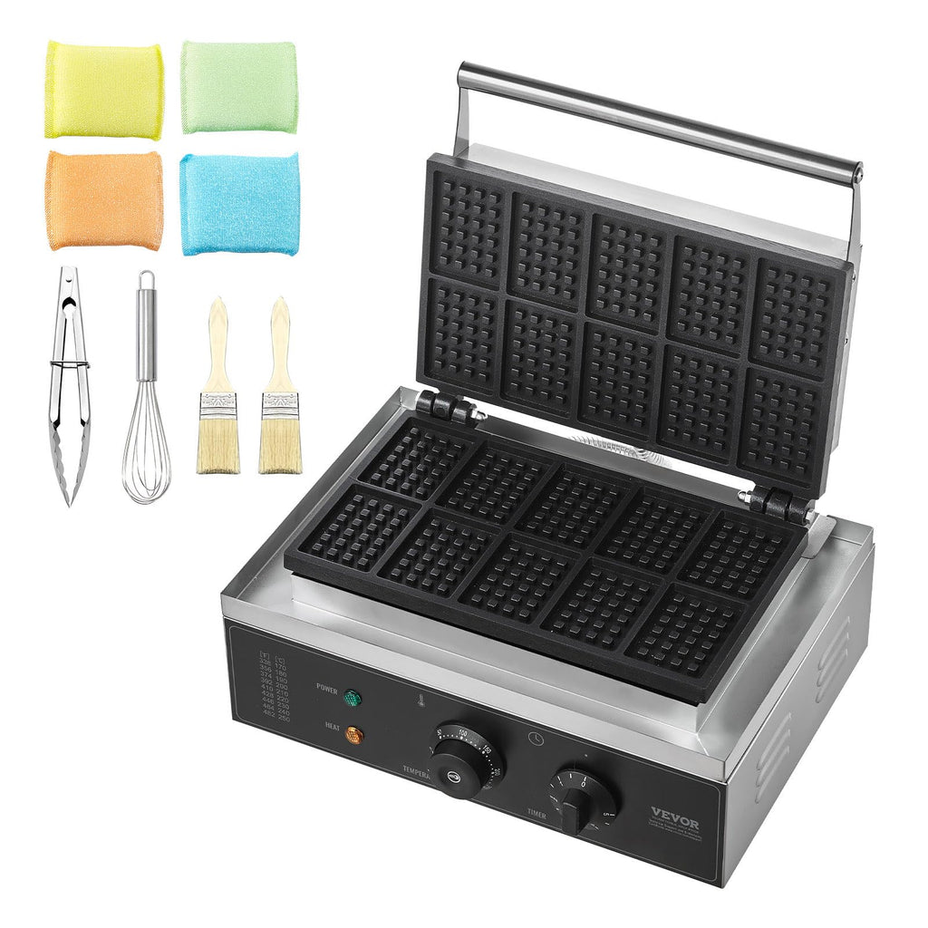VEVOR Commercial Waffle Maker, 10PCS Rectangle Waffle Baker Machine, 1550W Non-Stick Stainless Steel Belgian Waffle Iron with Temp and Time Control, Handle, for Restaurant Bakery Snack Bar Family