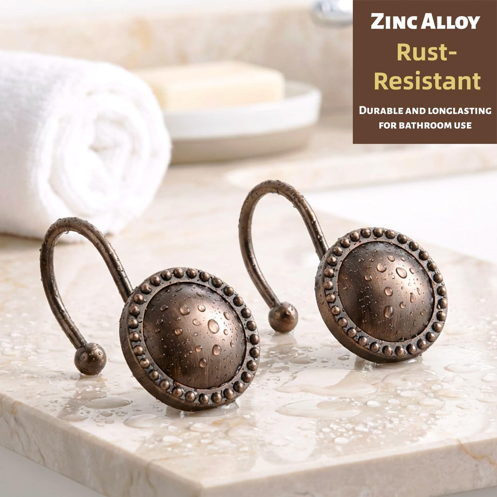 PSPFTN 12-Piece Set of Shower Curtain Hooks，Metal Decorative Rings， Anti-Rust Circular Design，Heavy Duty Design (Bronze)