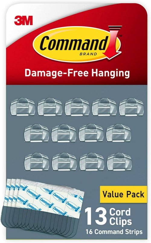 Command Round Cord Clips - Damage-Free Hanging Cable Clips for Christmas Decorations | 13 Clear Clips & 16 Strips