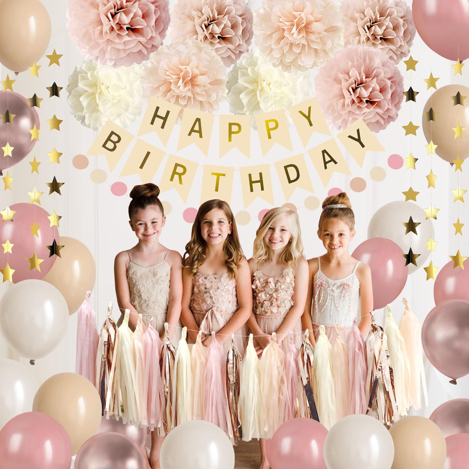 Iysoll Blush Beige Birthday Party Decorations Boho Happy Birthday Decorations Banner Retro Pink Nude Ivory Balloon Paper Pom Poms Tassel Garland Décor Supplies for Girls Women