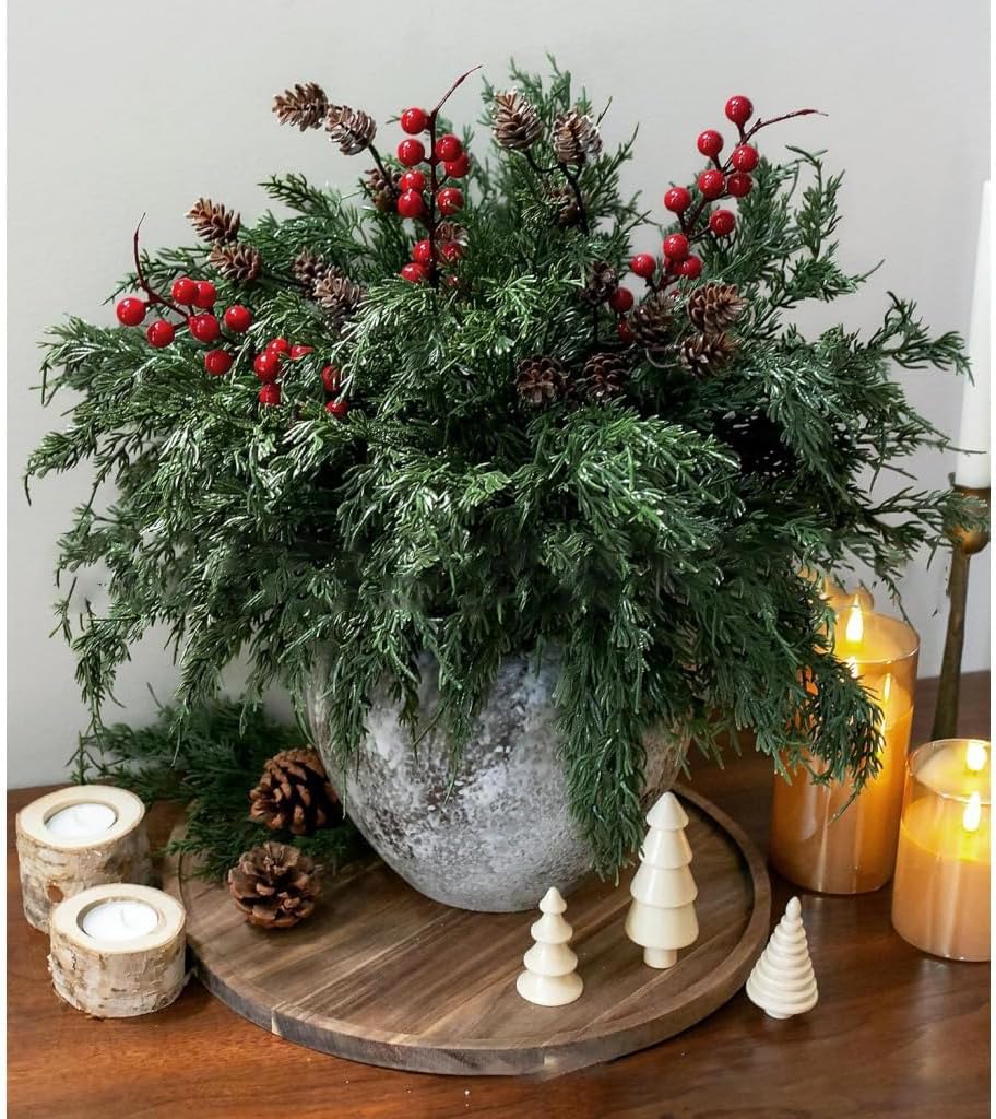 Norfolk Pine Faux Cedar Stems - Realistic Artificial Greenery for Christmas Decor | 1 Set with Berries & Pinecones