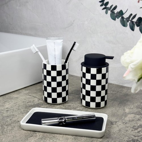 Bathroom Toothbrush Holder Set, Ceramic Soap Dispenser and Tooth Brush Holder Set, Modern Bathroom Accessories Sets Countertop, Black and White Checkered Bathroom Decor Set