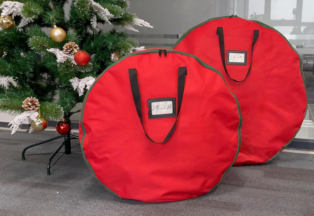 Skiennix Wreath Storage Container - Heavy Duty 600D Oxford Cloth, 30x12 Inch, Red Double Storage Bag for Christmas Wreaths