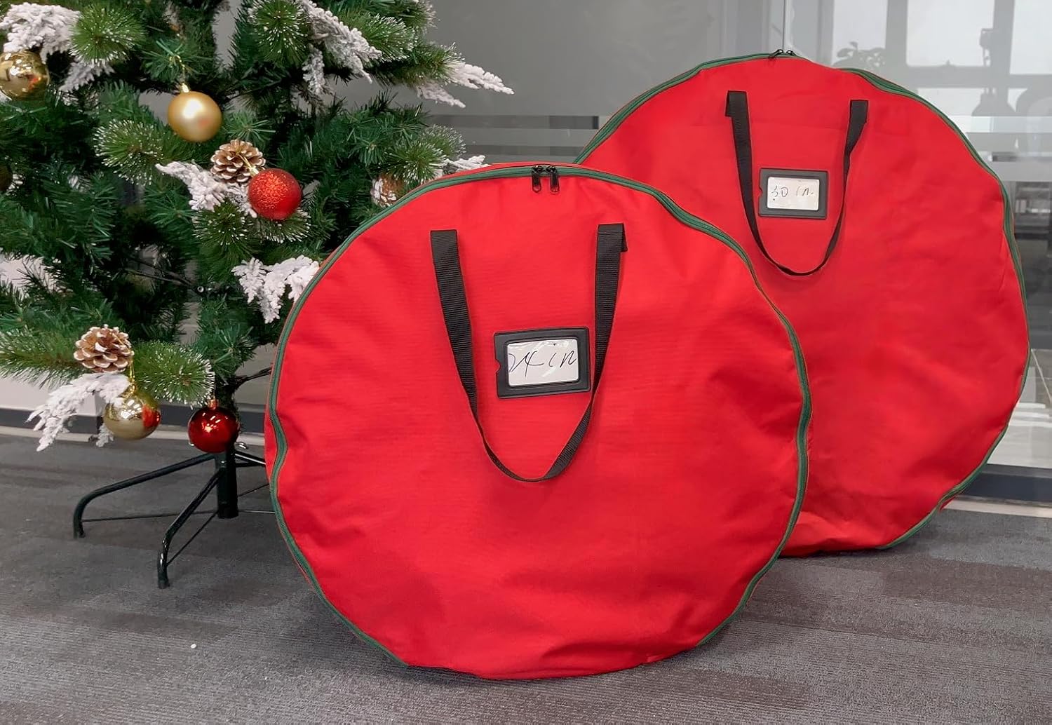 Skiennix Wreath Storage Container - Heavy Duty 600D Oxford Cloth, 30x12 Inch, Red Double Storage Bag for Christmas Wreaths