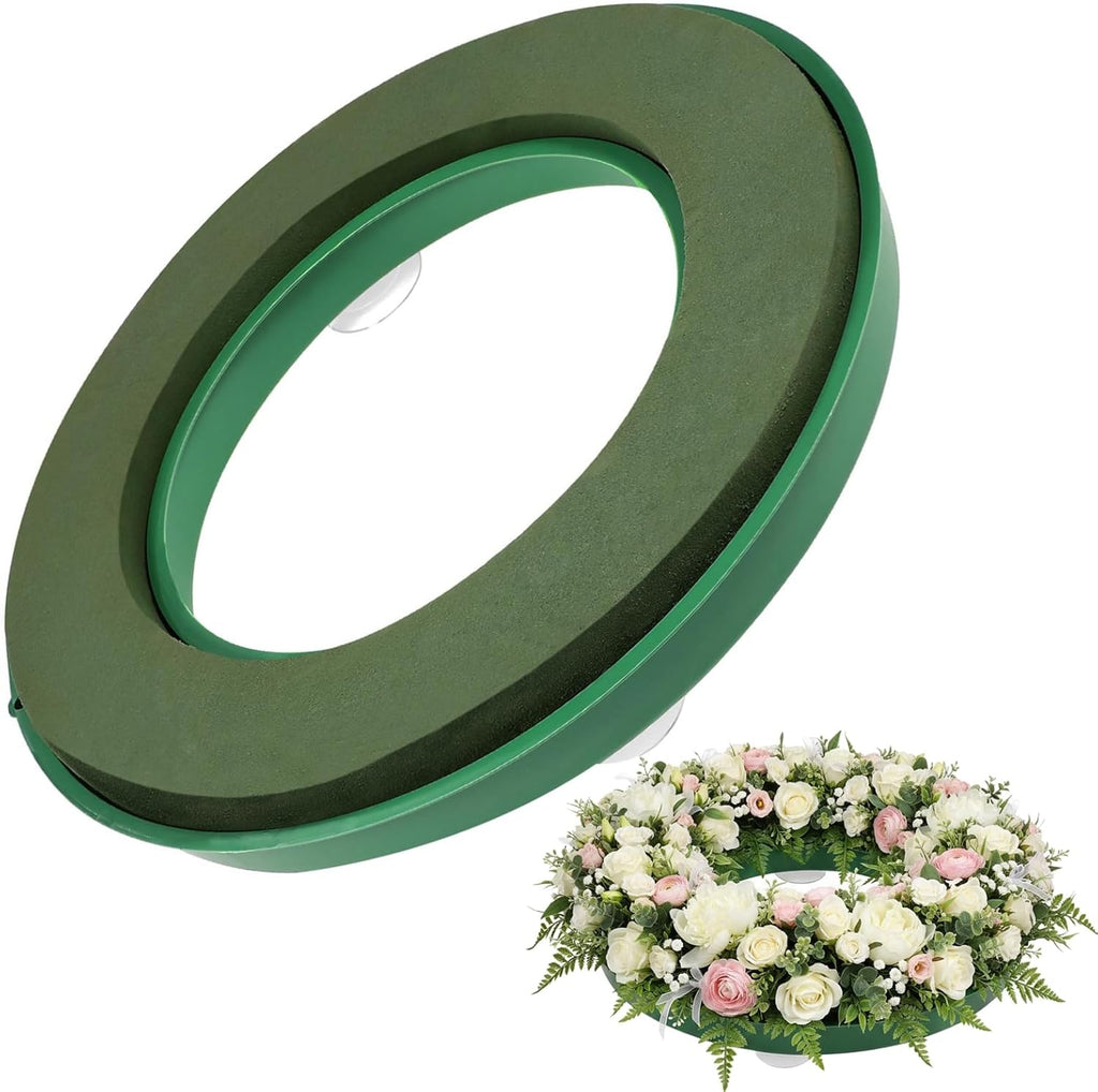 Regine Switzerland Floral Foam Ring - 11.2 Inch Wet Flower Base with 4 Suction Cups for Arrangements | Green Mud Tray