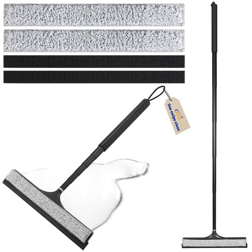 wlich Shower Squeegee with Long Handle, Telescoping Window and Floor Extendable Squeegee for Shower Glass, Bathroom Surfaces, Mirrors, and Smooth Floors, Includes Replaceable and Washable Cloth Pads
