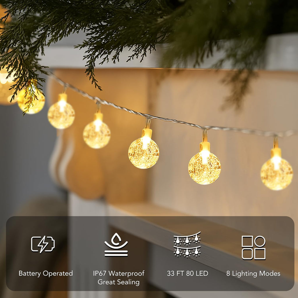 Metaku Globe Fairy Lights - 33ft Battery Operated 80LED String Lights | Waterproof for Indoor & Outdoor Decor