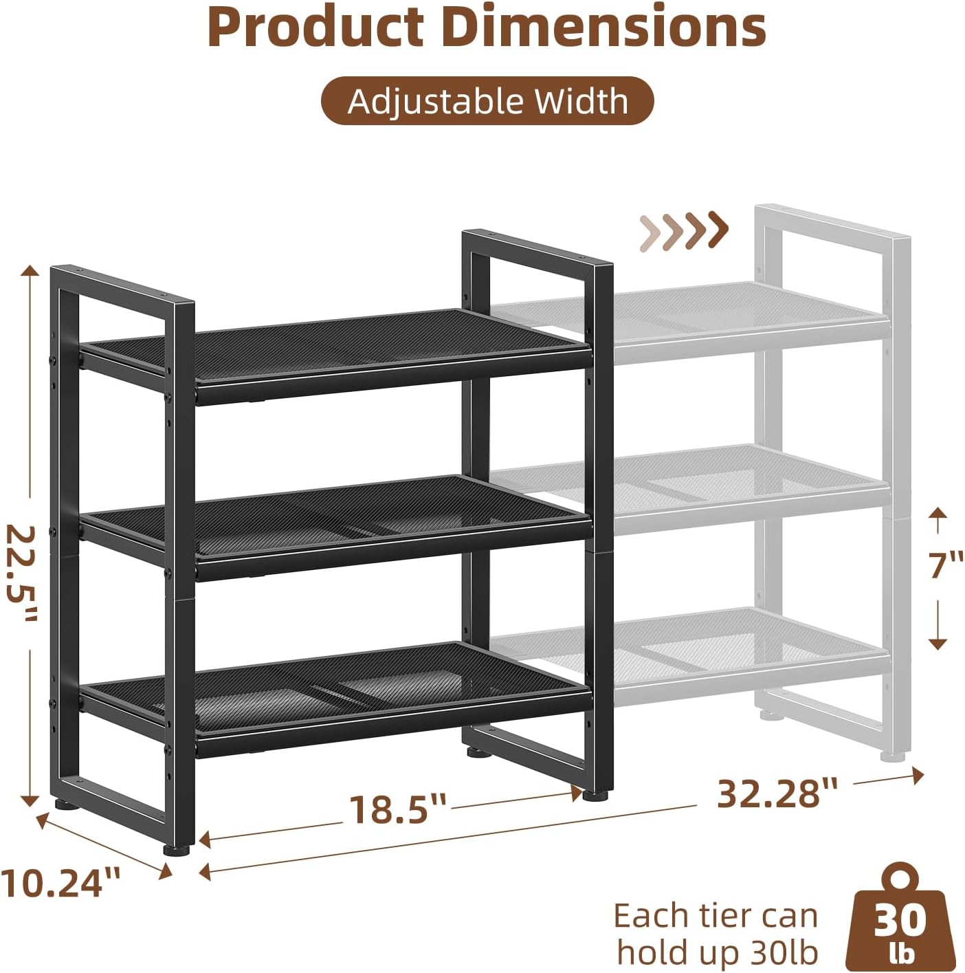 Skiennix 3-Tier Expandable Shoe Rack - Adjustable & Stackable Metal Mesh Organizer | Black