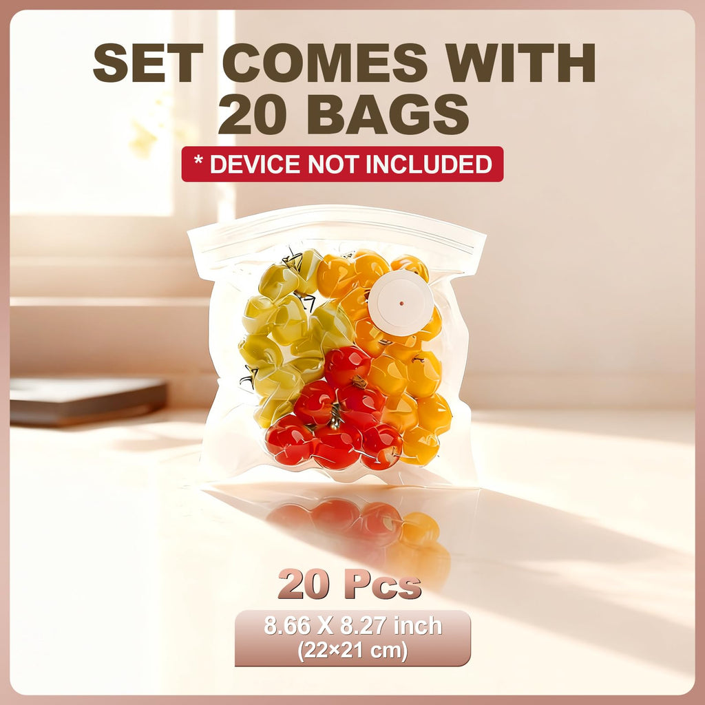 Reusable Vacuum Sealer Bags for Food: 20Pcs (8.66 * 8.27in) BPA-Free Vacuum Seal Bags with Air Valve & 5 Seal Clips, Plastic Food Storage Bags, Microwaveable Zipper Bags for Kitchen Save Meal Prep