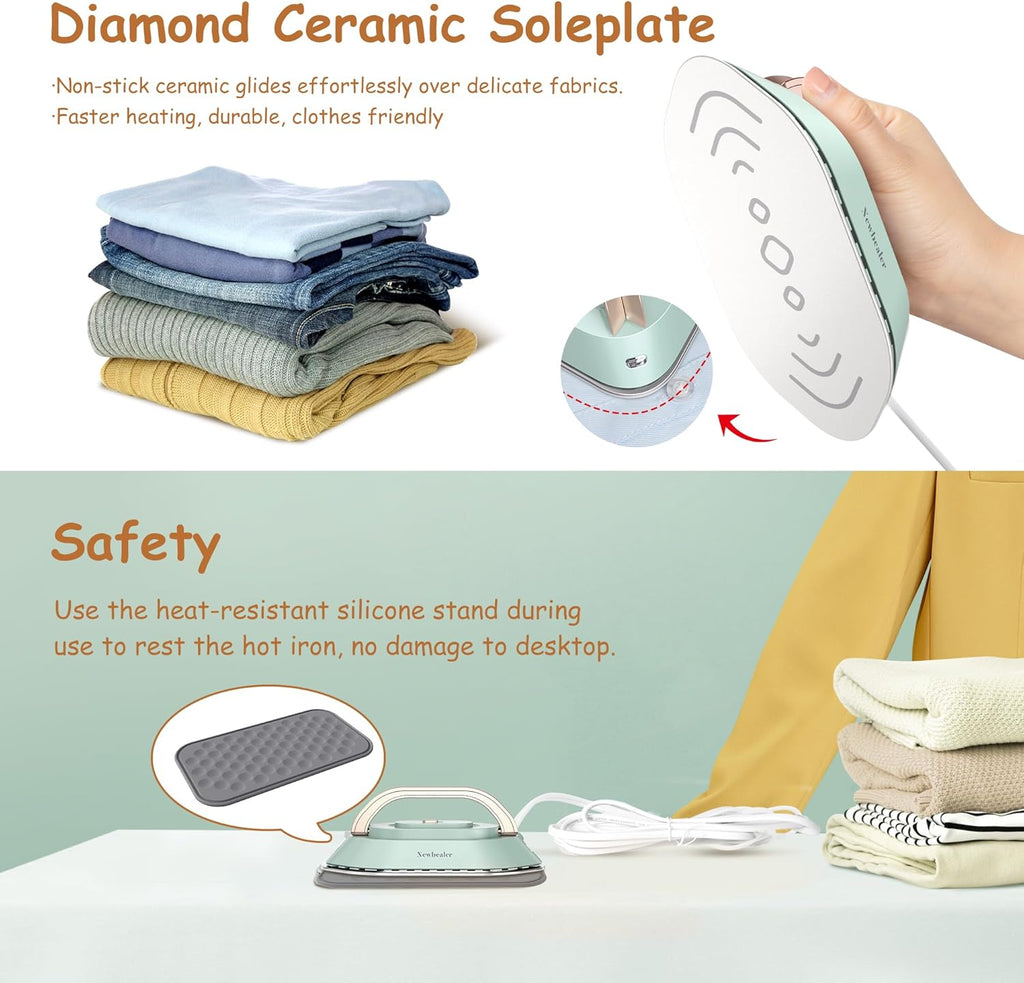 Newbealer Travel Iron - Mini Dry Iron with Global Voltage, 300W Power, 60s Heat Up, Non-Stick Soleplate | Green
