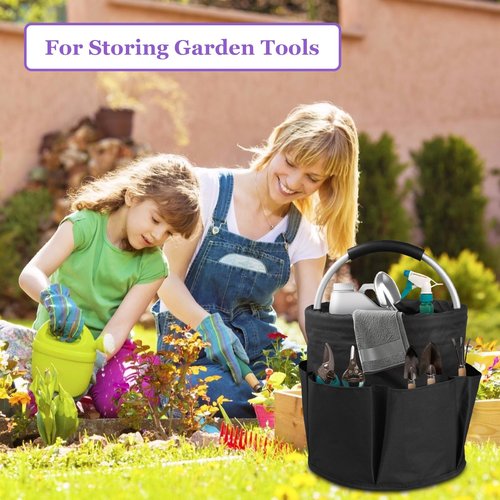 IHOMAGIC 17L Cleaning Caddy with Handle and 6 Pockets, Foldable Cleaning Supply Caddy, Portable Shower Caddy in 600D Oxford Fabric, Multifunctional Storage Basket for Camping, Gardening, Black