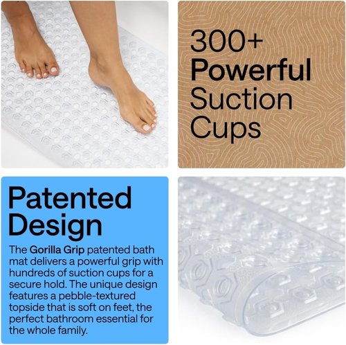 GORILLA GRIP Bath Tub Shower Mat - Machine Washable, Suction Cups & Drain Holes, 35x16 Inch, Clear