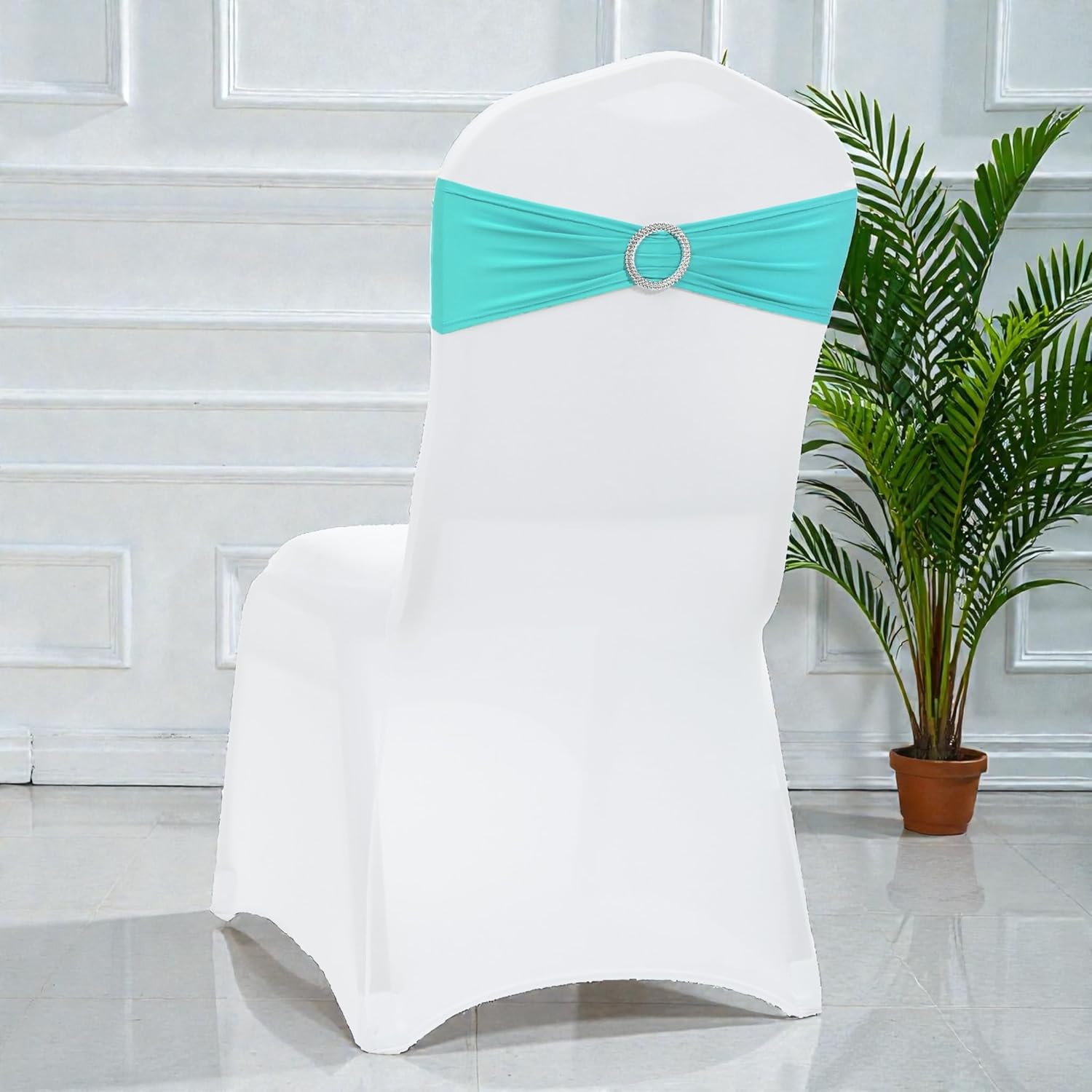 MDS Spandex Chair Sashes - Premium Stretch Covers with Buckle Slider for Weddings & Events | Aqua Blue, Pack of 10