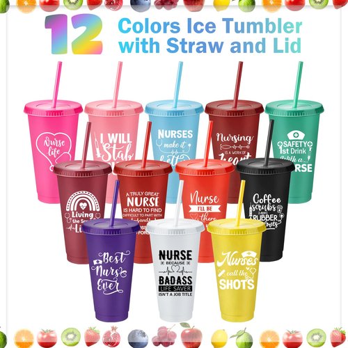 Bokon 50 Pcs Nurse Appreciation Tumbler with Straw and Lid, Bulk Nurse Week Gifts, 24 oz Reusable Plastic Cup, Multicolor Iced Water Bottle, for Appreciation & Graduation(Classic Style)