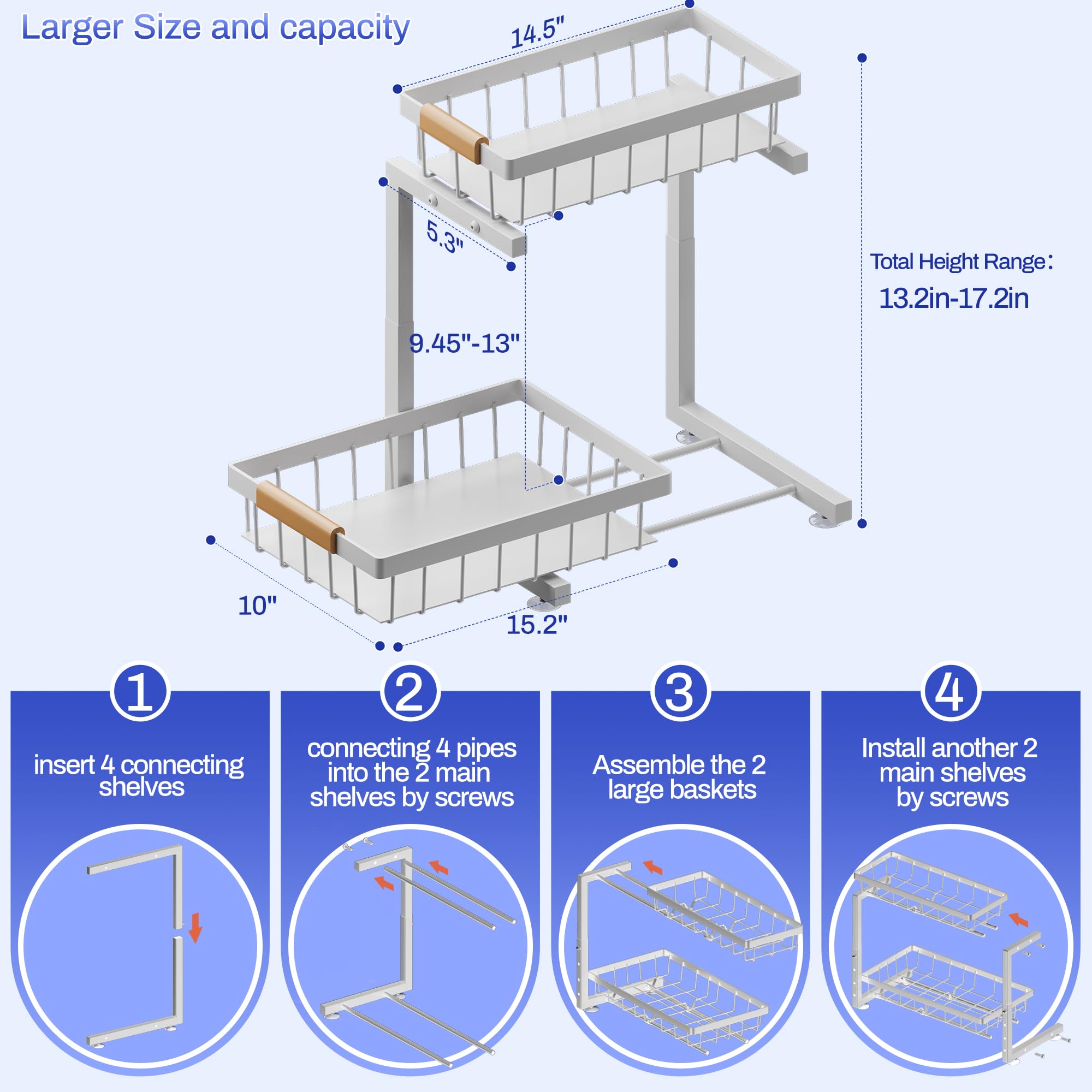 ADBIU 2 Pack Under Sink Organizers and Storage, Height Adjustable 2-Tier Pull Out Cabinet Organizer, Heavy Duty Slide Out Sink Shelf Drawer for Kitchen Bathroom Organization