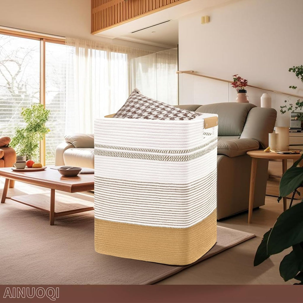 Skiennix Large Laundry Hamper - 85L Cotton Rope Woven Storage Bin with Leather Handles | Versatile for Blankets, Toys, and More