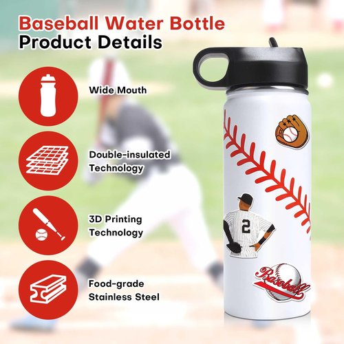 NJGCPRO Baseball Water Bottles for Boys, Stainless Steel Baseball Water Bottle Gifts Stuff for Boys & Kids with 50Pcs Stickers (18OZ)