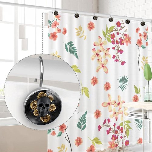 Black Skull with Gold Roses Shower Curtain Hooks Set of 12 Rustproof Metal Decorative Shower Hooks for Curtains Rods Shower Curtain Rings for Bathroom Living Room Bedroom
