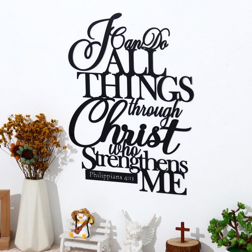 KOYILTD I Can Do All Things Through Christ Sign Metal Wall Decor Black Religious Wall Scripture Large Christian Wall Art Bible Verses Wall Decor for Living Room Kitchen (14.9x11.2 in)