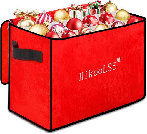 HikooLSS Christmas Ornament Storage Box - Holds 72 Ornaments, Adjustable Dividers, Double Zipper | Red