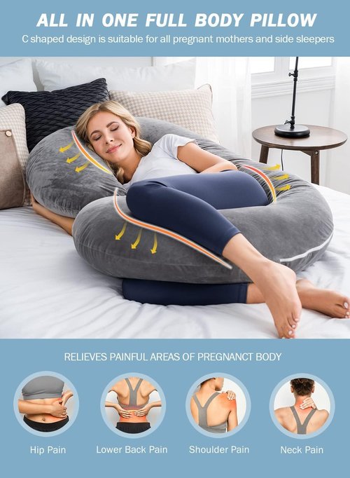 INSEN Pregnancy Pillow - C Shaped Maternity Pillow with Jersey Cotton Cover | Gray Color for Comfort