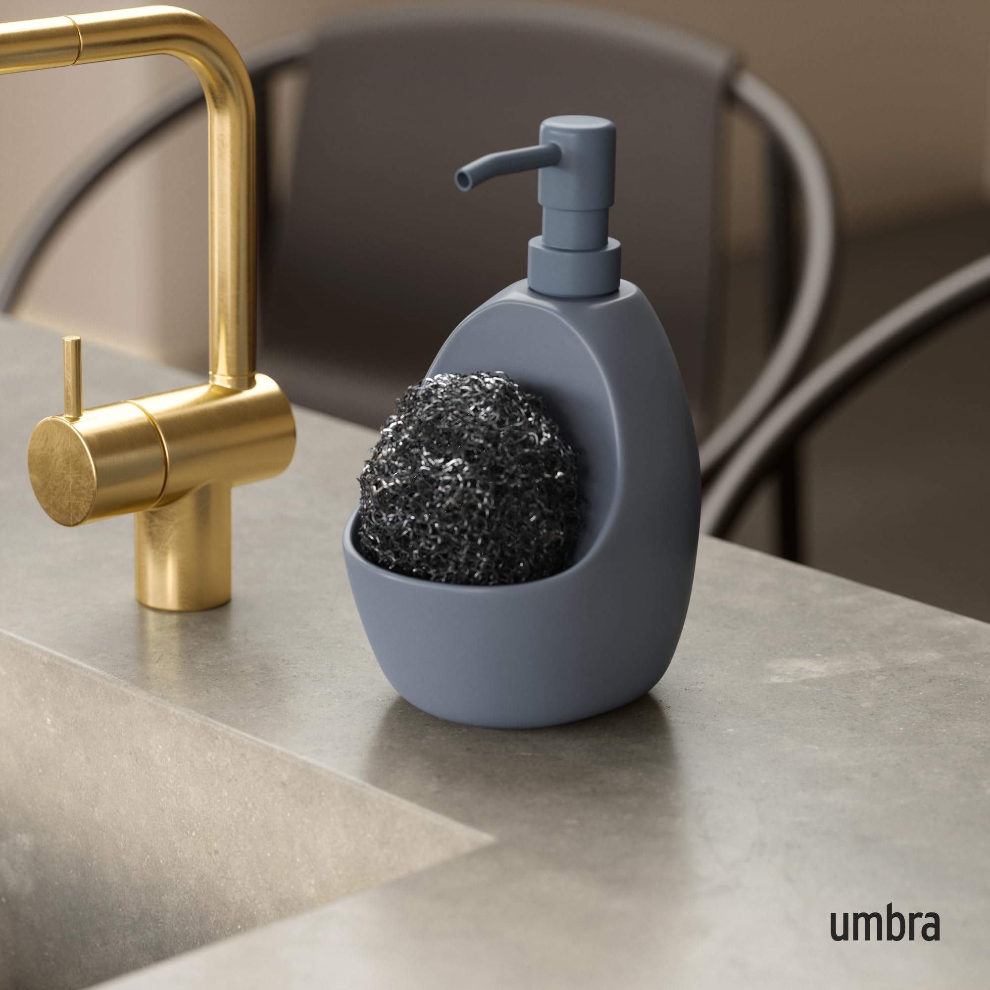 Umbra Joey Ceramic Liquid Soap Dispenser with Sponge Caddy, Ideal for Kitchen or Bathroom Use, Slate Blue