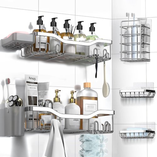 NESOMI Shower Caddy Adhesive Shower Organizer 7-Pack, Rustproof Stainless Steel Bathroom Shelves, Large Capacity No-Drill Rack Storage Accessories with Soap Dish Toothbrush Holder Hooks