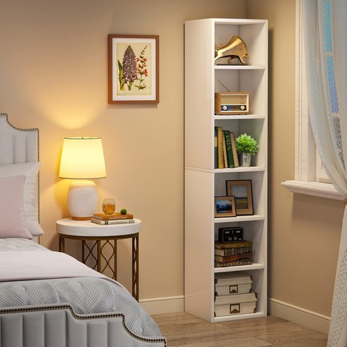 Little Tree 70.9-Inch Tall Narrow Bookcase - 6-Tier Corner Shelf Storage Organizer in White