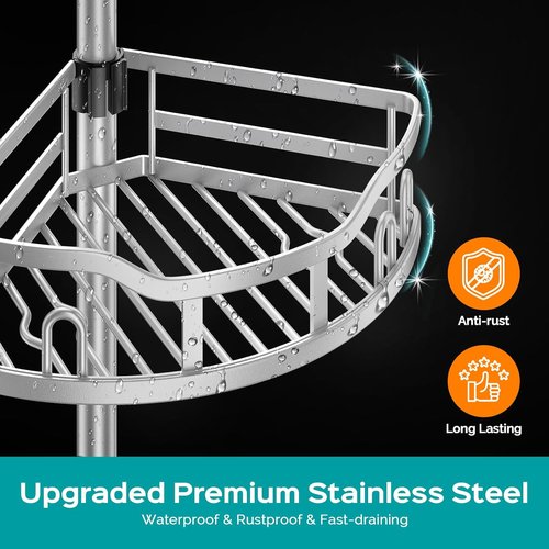 HAMITOR Corner Shower Caddy - Rustproof 4-Tier Bathroom Organizer for Shampoo & Soap | Adjustable 47-121 Inch Silver Gray Rack