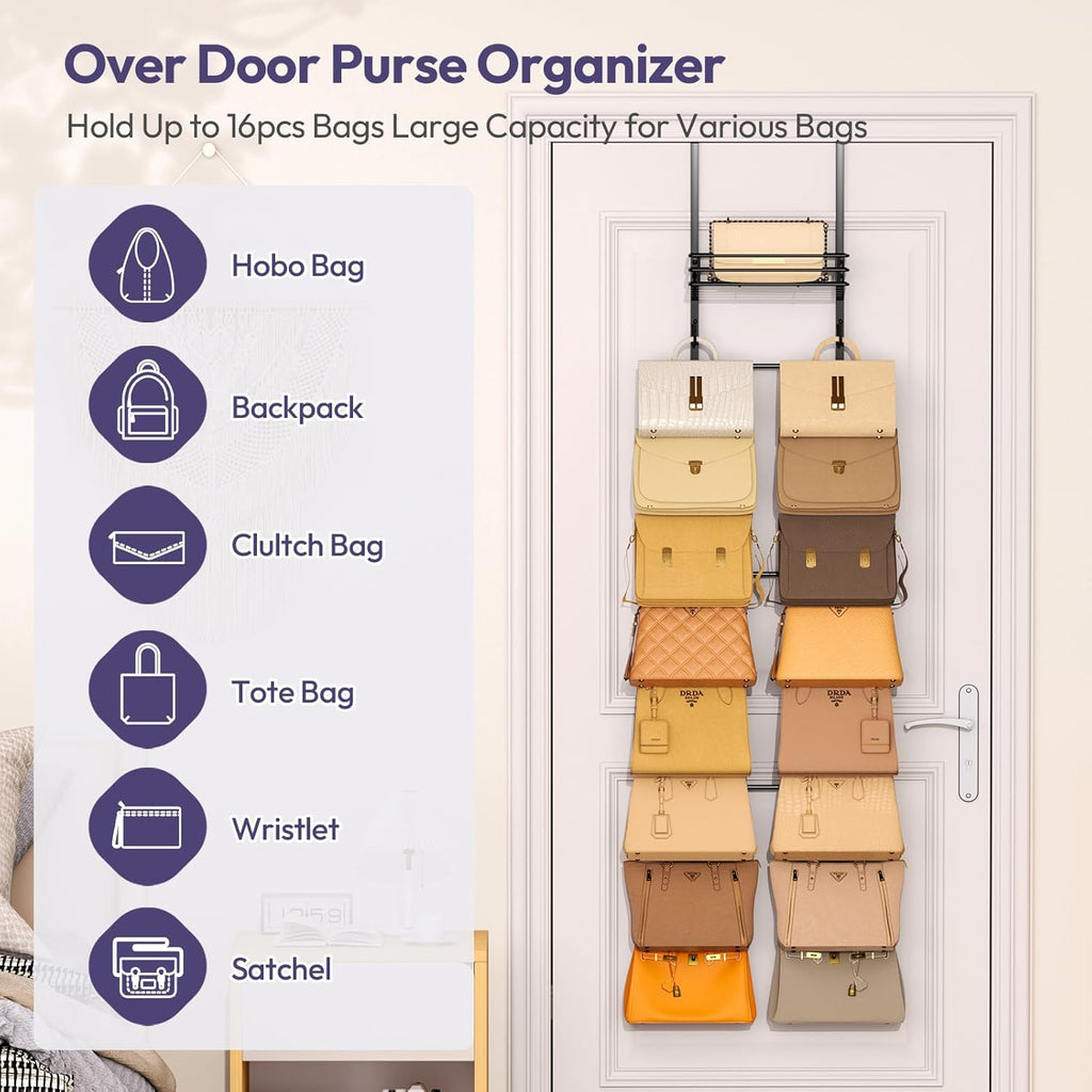 SWTYMIKI Over The Door Purse Organizer - Wall-Mounted Handbag Storage Rack with 16 Hooks & Metal Basket