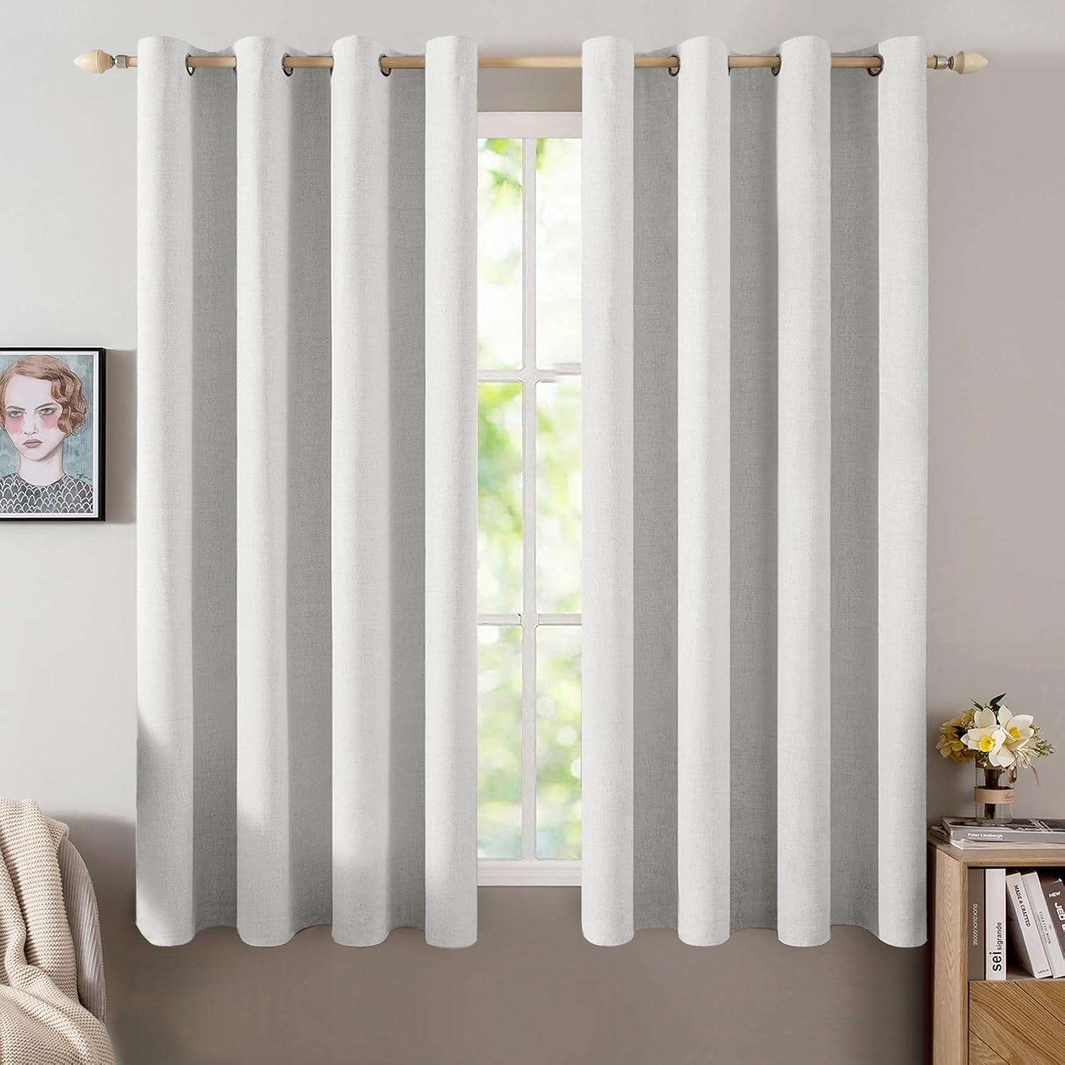 MIULEE Blackout Curtains - 100% Thermal Insulated Linen Textured Drapes | Heathered White, 52 x 45 Inch (2 Panels)