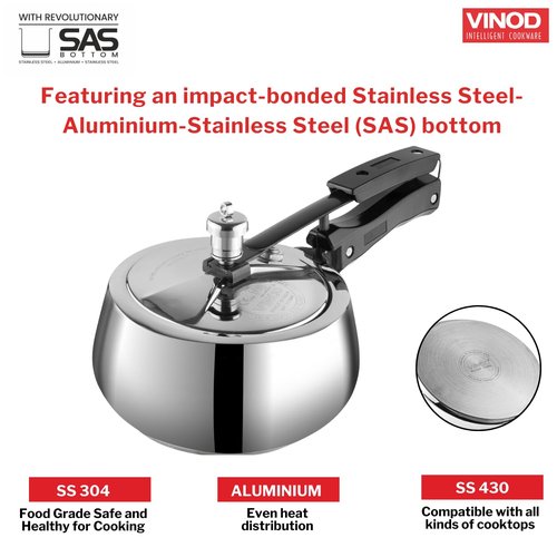 Vinod Europa Stainless Steel Inner Lid Pressure Cooker - 3 Litre | Handi Shape | Sandwich Bottom Cooker | Induction and Gas Base | ISI and CE certified