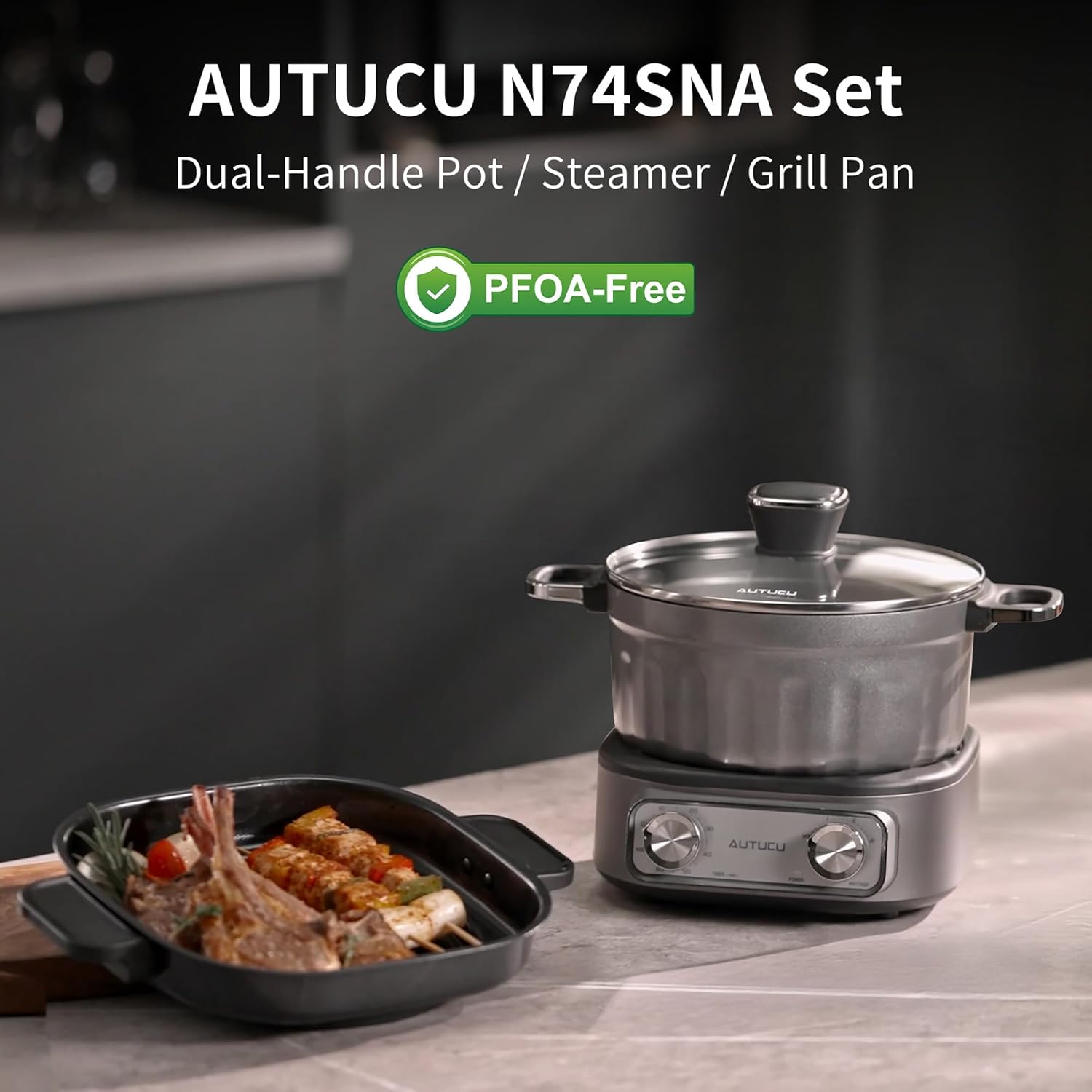N74SNA Electric Hot Pot Multi-Cooker - 2.5 Quart Nonstick Grill & Steamer Set for Steak, Soup, Ramen