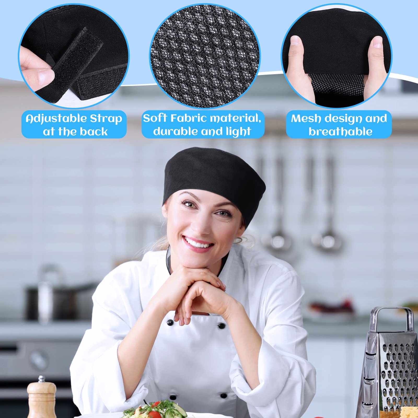 Jeere 50 Pcs Unisex Chef Hat Adjustable Kitchen Cooking Caps Sushi Beanie Breathable Mesh Top Skull Cap for Men Women Adult (Black)