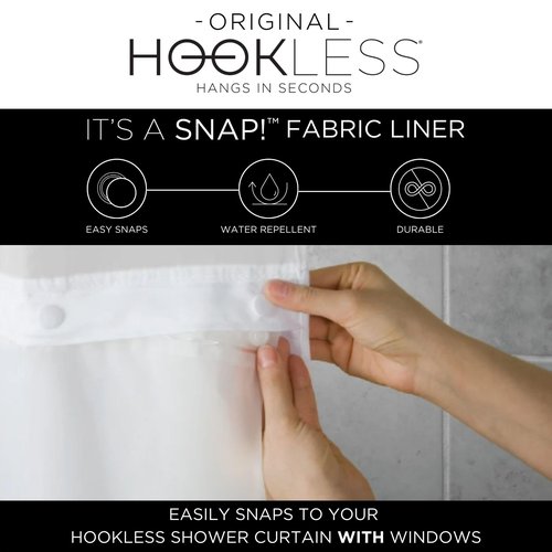 Hookless It’s A Snap! Waffle Shower Curtain, 3-in-1 Curtain Includes Fabric Shower Curtain with Sheer Top Window, Flex-On Rings & Fabric Liner with Magnets, 71” x 74”, White