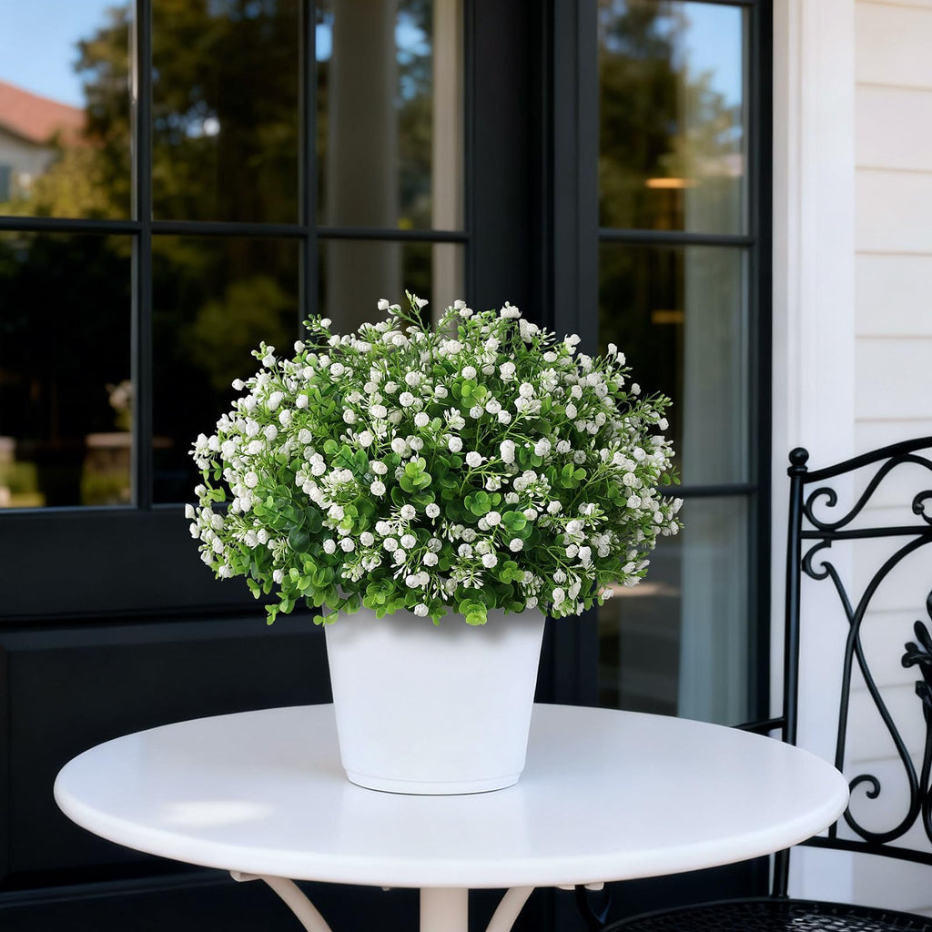 Artificial Eucalyptus with Baby's Breath Topiary Ball Trees - 2 Set Plastic Faux Eucalyptus Plants in Pot, Sun Resistant Fake Greenery Potted Bushes for Front Door Farmhouse Garden Porch Decor