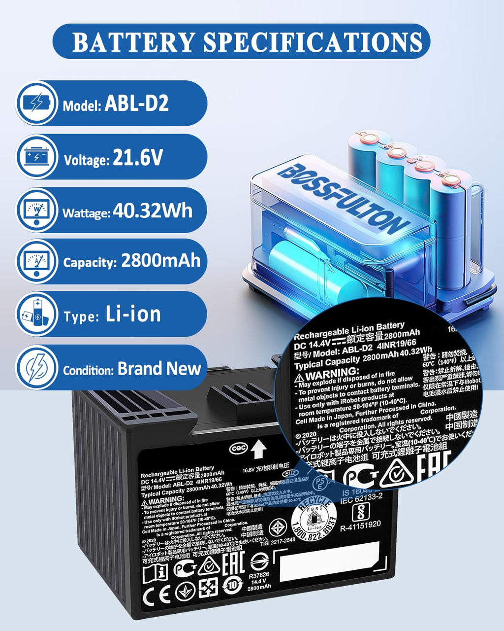 ABL-D2 Battery Replacement for iRobot Roomba j7 i7 i8 i4 i3 e5 e6 Series j7+ j7550 i4 i4+ i8+,for Roomba Combo j5 i5 j7+ j9+Series Base Robots Blade battery for roomba,Roomba Battery 2800mAh