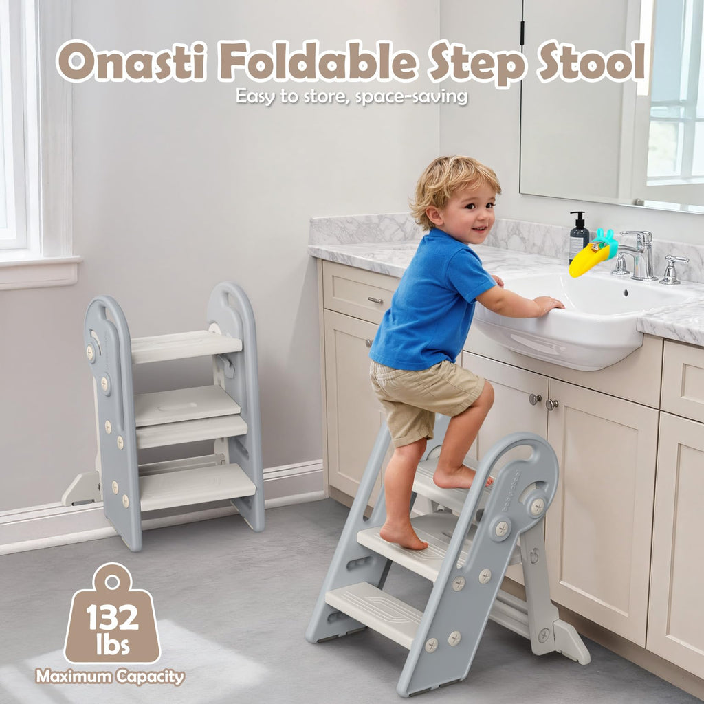 Onasti Adjustable Toddler Step Stool with Handles, Converts from 3-Step to 2-Step as Kids Grow, Non-Slip Safety Stool for Bathroom Sink, Kitchen Counter, Potty Training and Everyday Household Use-Grey