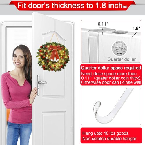 Clear Wreath Hanger Hooks - 15-Inch Non-Scratch Over The Door Hooks | 2 Pack for Fall & Christmas Decor