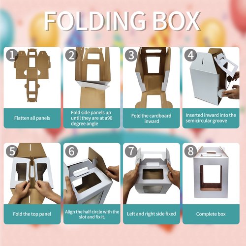 KBG Tall Cake Boxes 6pcs 14x14x16 and 16x16x18 Inches White With Window for Tier Cakes, Wedding, Birthday Transport - Large With Handle, Disposable Containers