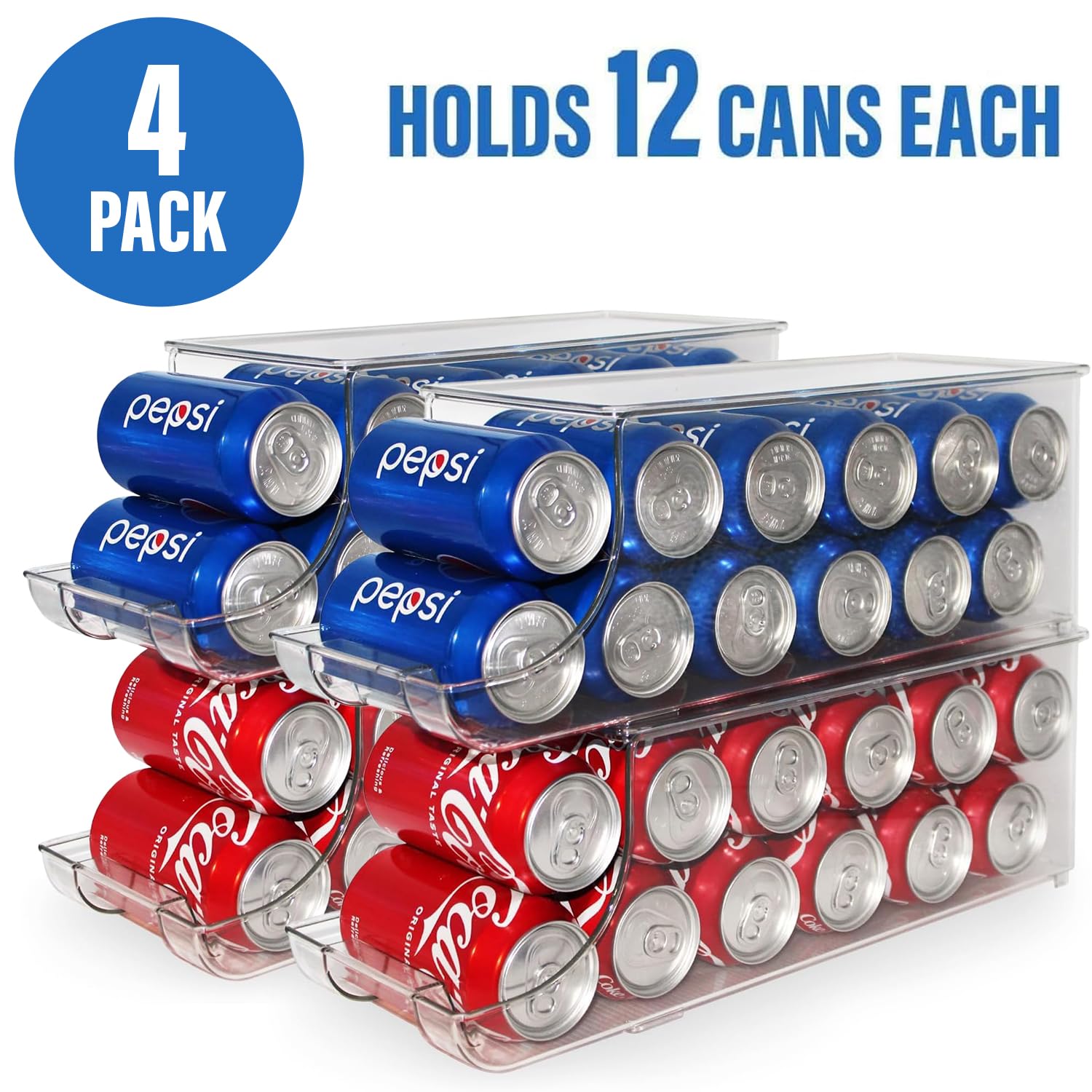 Soda Can Organizer with Lids, Stackable Soda Can Dispenser for Refrigerator, Clear Can Holder Organization and Storage Bins for Fridge, Kitchen, Countertop, Drink Pantry Organizers, Holds 12 Cans Each