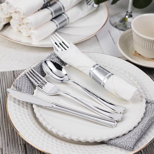 N9R 120 Pack Pre Rolled Silver Plastic Silverware Set, Wrapped Silverware Set Disposable with 120 Forks, 120 Knives, 120 Spoons, 120 Napkins, Disposable Cutlery Set for Party and Wedding
